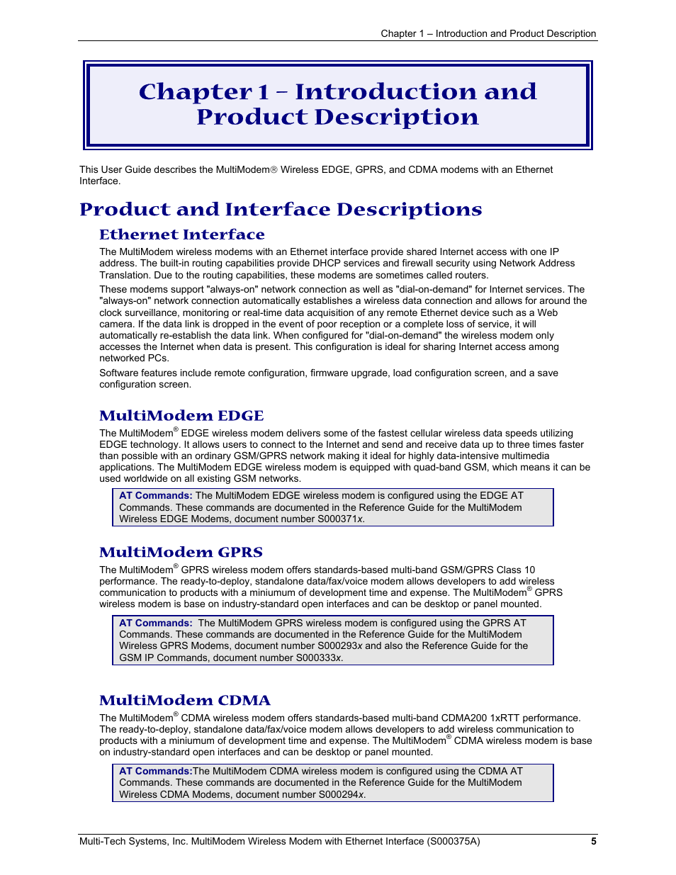 Chapter 1 – introduction and product description, Product and interface descriptions, Ethernet interface | Multimodem edge, Multimodem gprs, Multimodem cdma | Multi-Tech Systems MultiModem User Manual | Page 5 / 42