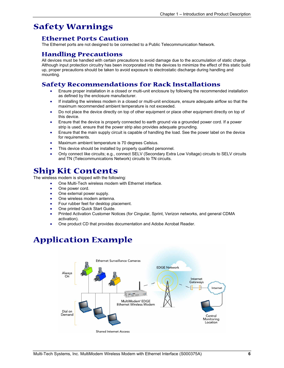 Safety warnings, Ship kit contents, Application example | Ethernet ports caution, Handling precautions, Safety recommendations for rack installations | Multi-Tech Systems MultiModem User Manual | Page 6 / 42