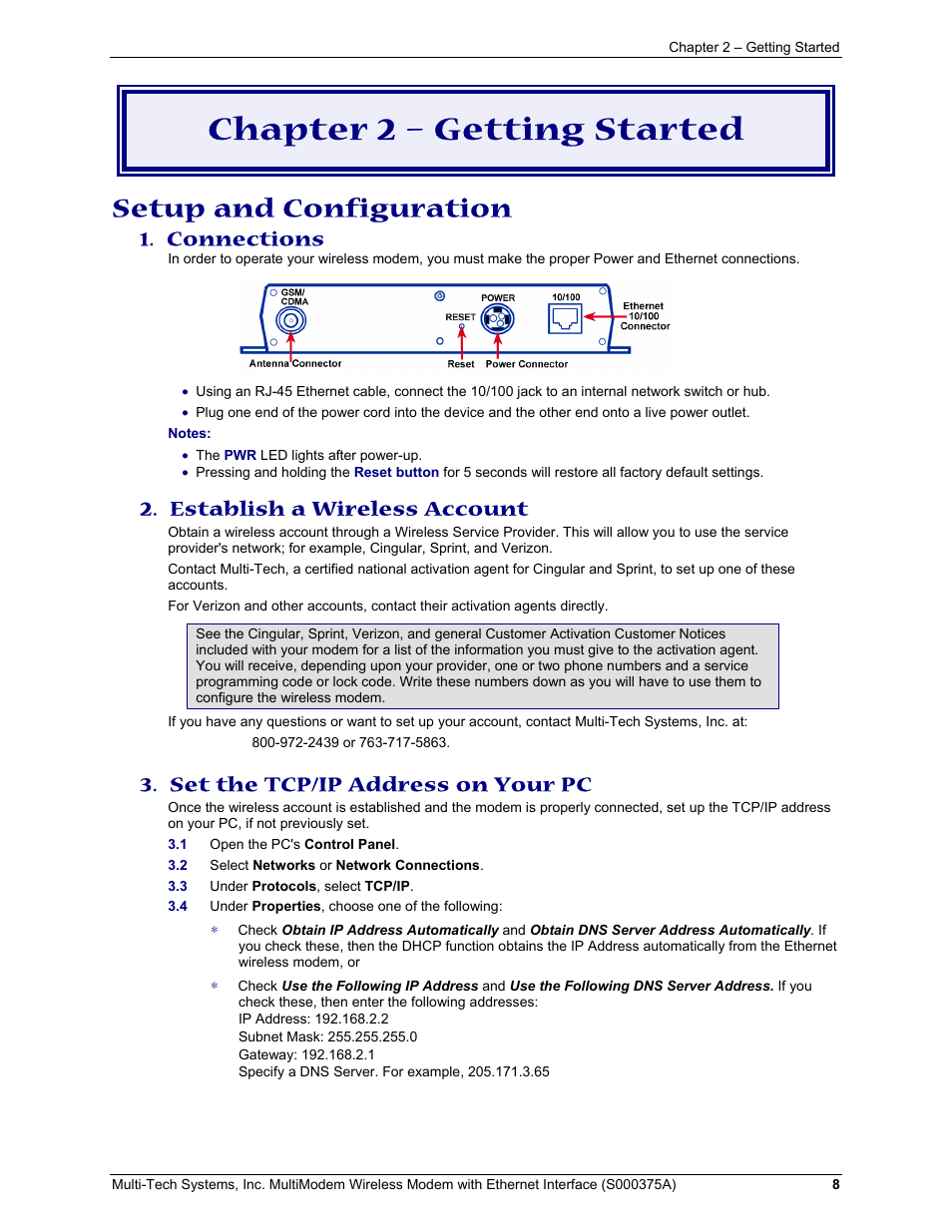 Chapter 2 – getting started, Setup and configuration, Connections | Establish a wireless account, Set the tcp/ip address on your pc | Multi-Tech Systems MultiModem User Manual | Page 8 / 42