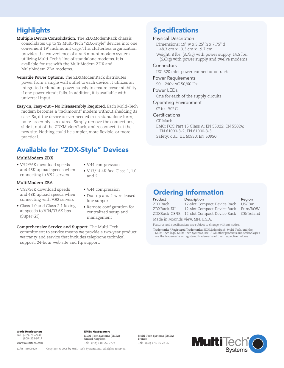 Highlights, Specifications | Multi-Tech Systems ZDXModemRack EN61000-3-3 User Manual | Page 2 / 2