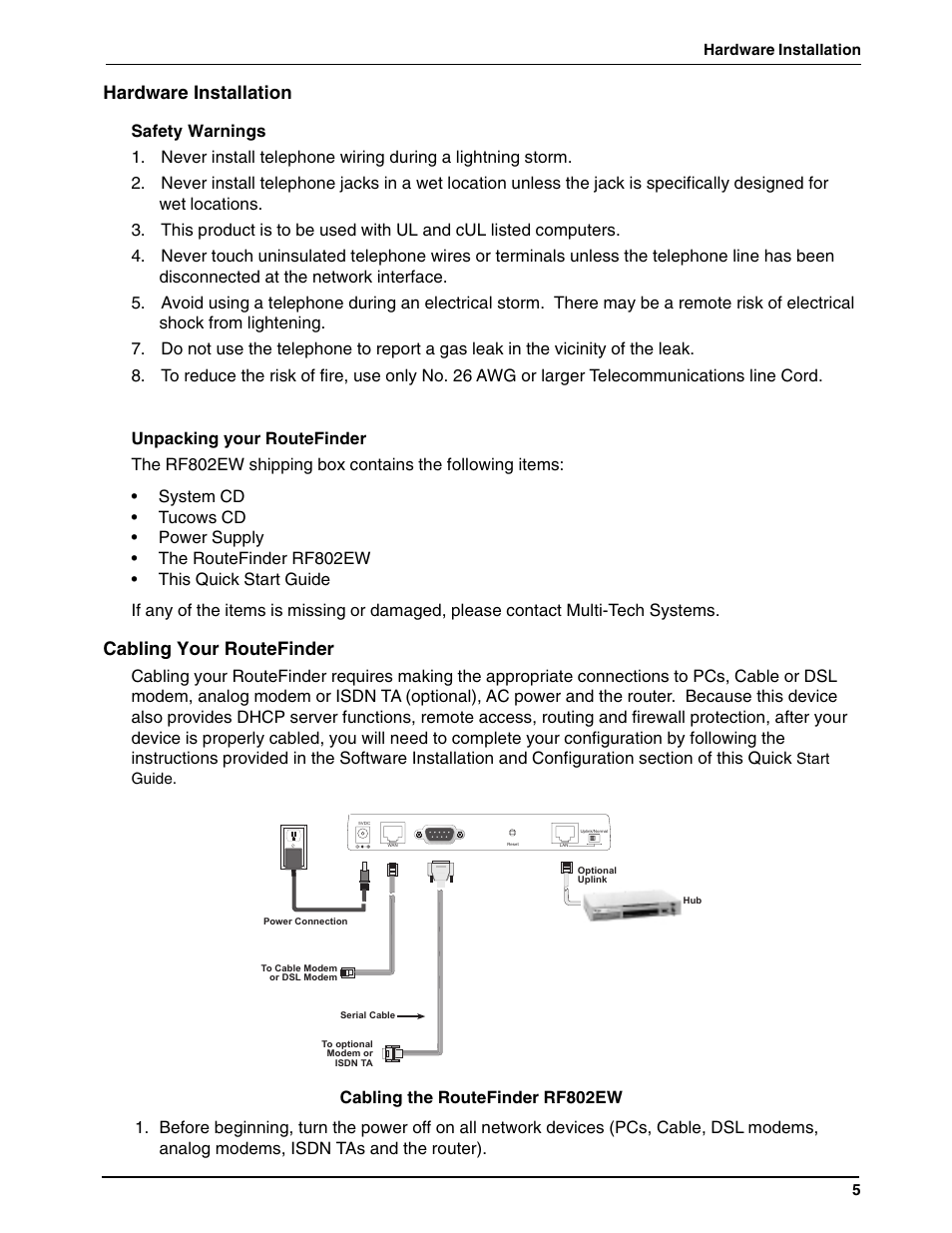 Hardware installation, Safety warnings, Unpacking your routefinder | Cabling your routefinder | Multi-Tech Systems ROUTEFINDER RF802EW User Manual | Page 5 / 28