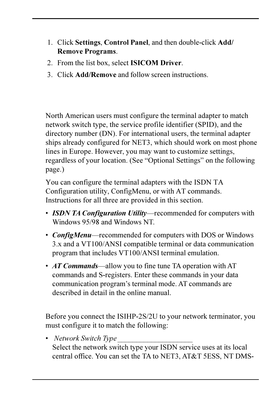 Removing the driver (windows 95 only), Configuring the terminal adapter: introduction, North american users | Configuring the terminal adapter, Introduction | Multi-Tech Systems ISIHP-2S User Manual | Page 41 / 63