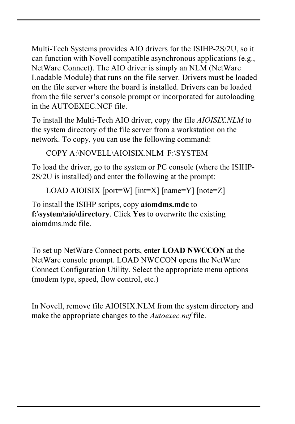 Netware connect (novell) driver installation, Configuring ports for netware connect, Removing the driver (novell) | Multi-Tech Systems ISIHP-2S User Manual | Page 52 / 63