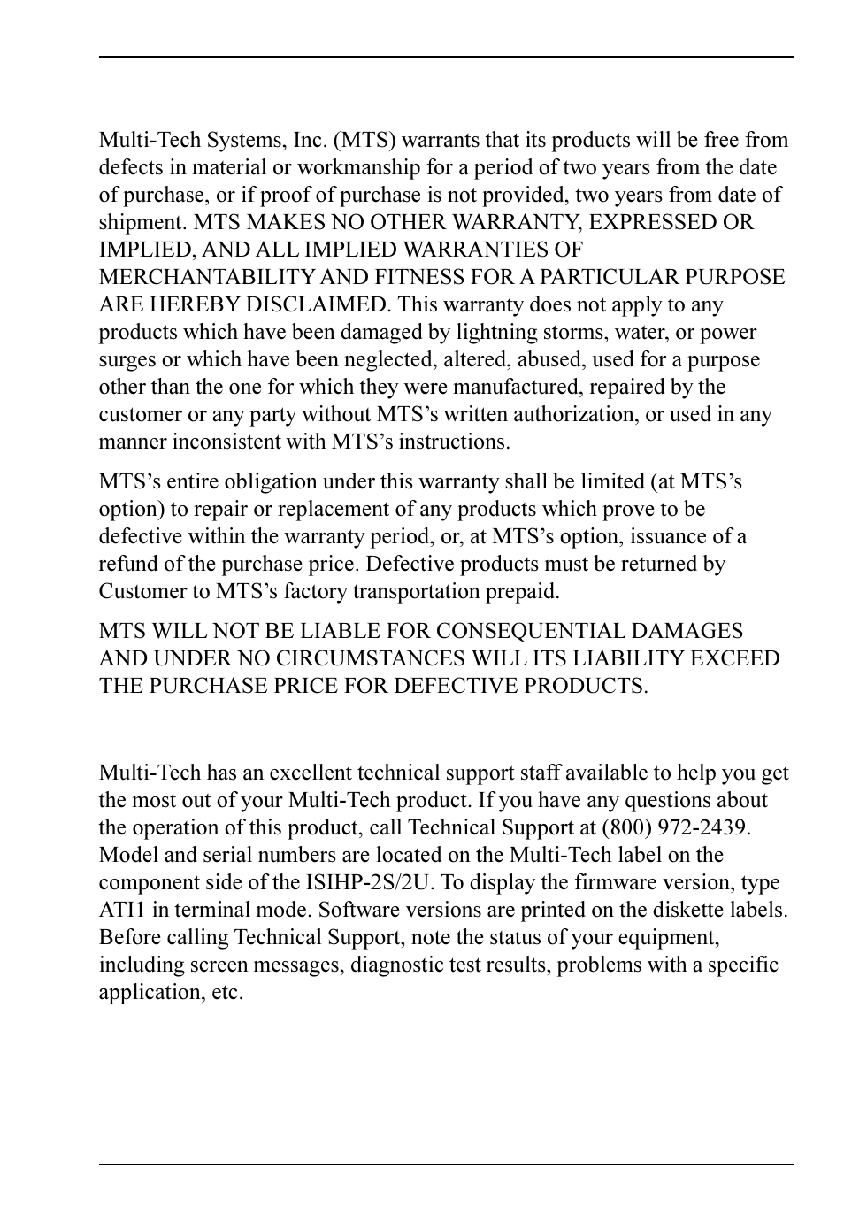 Service, Limited warranty | Multi-Tech Systems ISIHP-2S User Manual | Page 61 / 63
