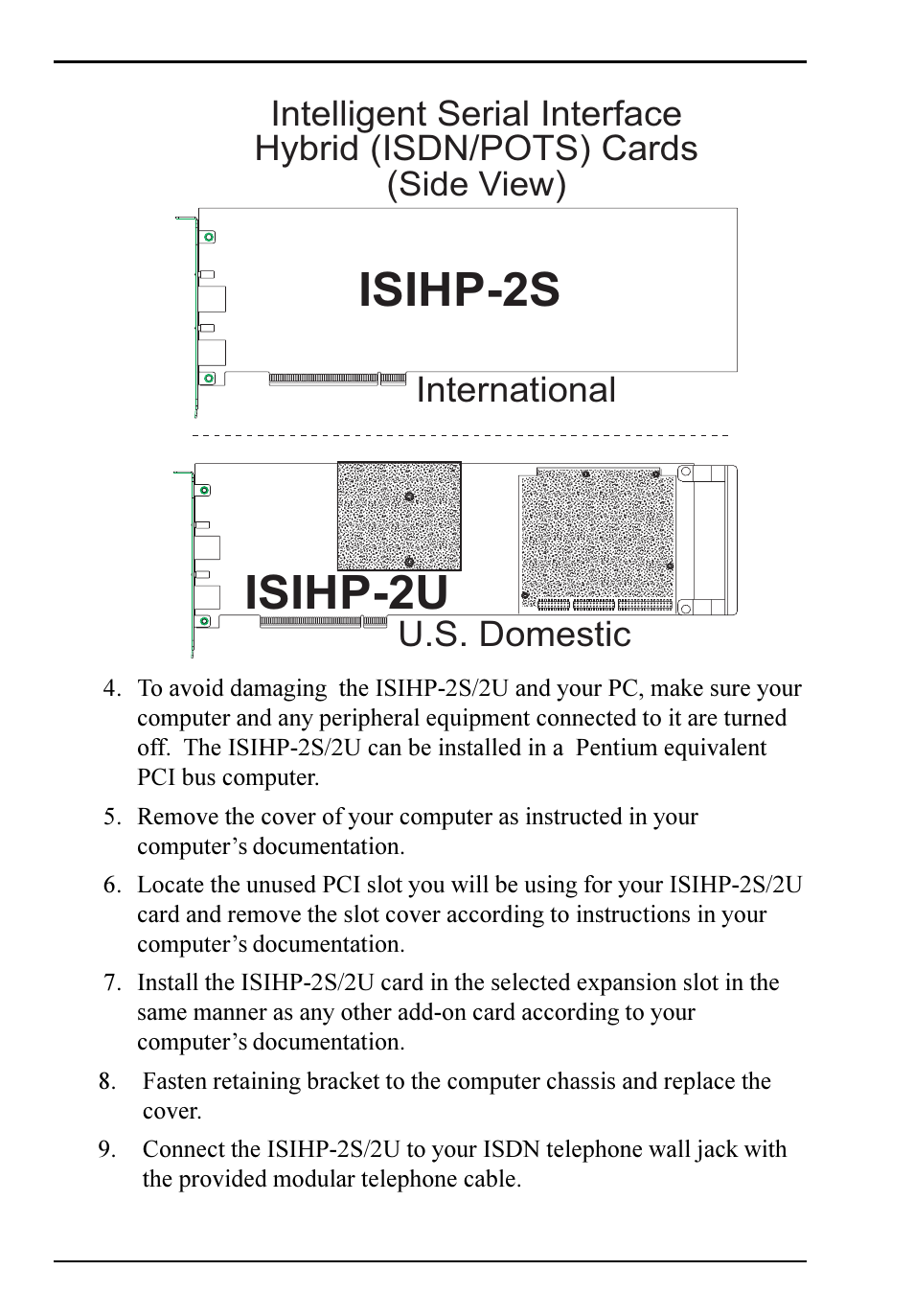 Hardware installation procedure, Isihp-2s, Isihp-2u | International, U.s. domestic, Side view | Multi-Tech Systems ISIHP-2S User Manual | Page 8 / 63