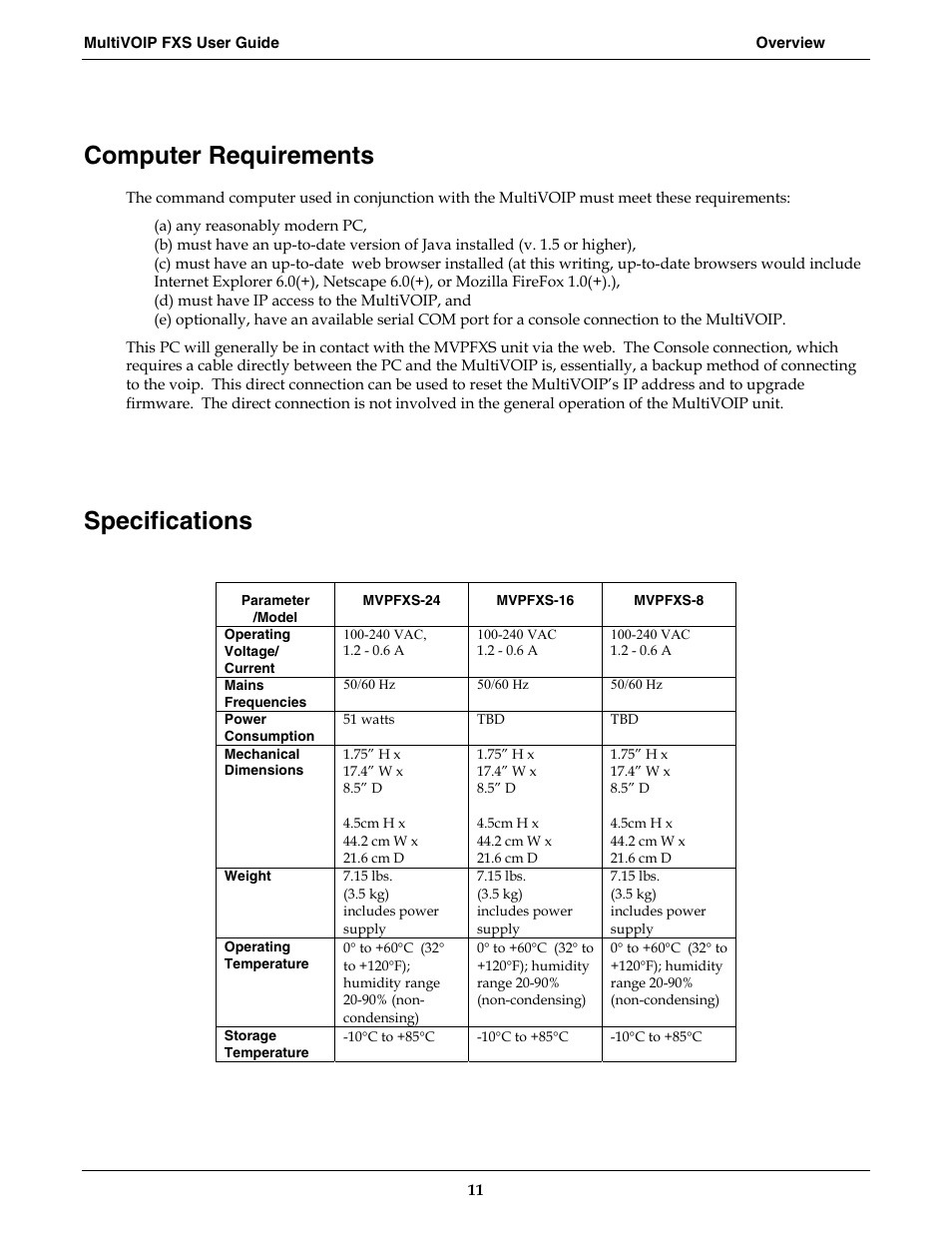 Computer requirements, Specifications | Multi-Tech Systems MVPFXS-16 User Manual | Page 11 / 165
