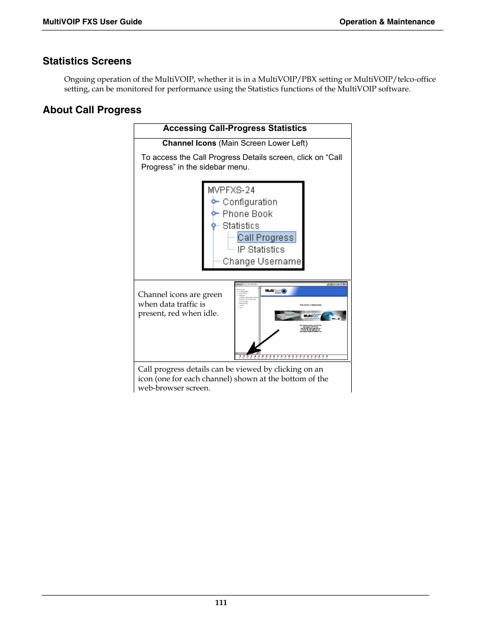 Statistics screens, About call progress | Multi-Tech Systems MVPFXS-16 User Manual | Page 111 / 165