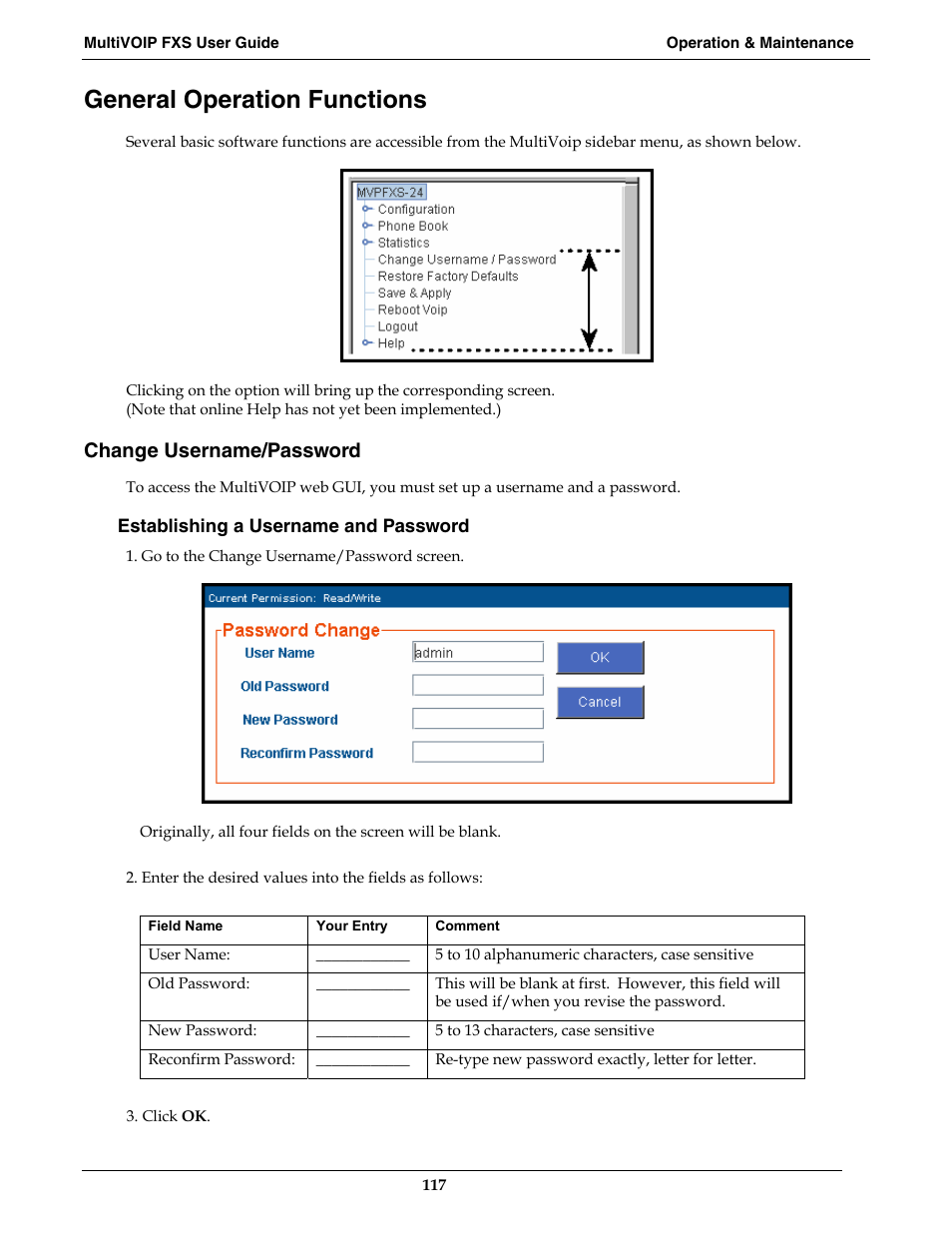General operation functions, Change username/password | Multi-Tech Systems MVPFXS-16 User Manual | Page 117 / 165