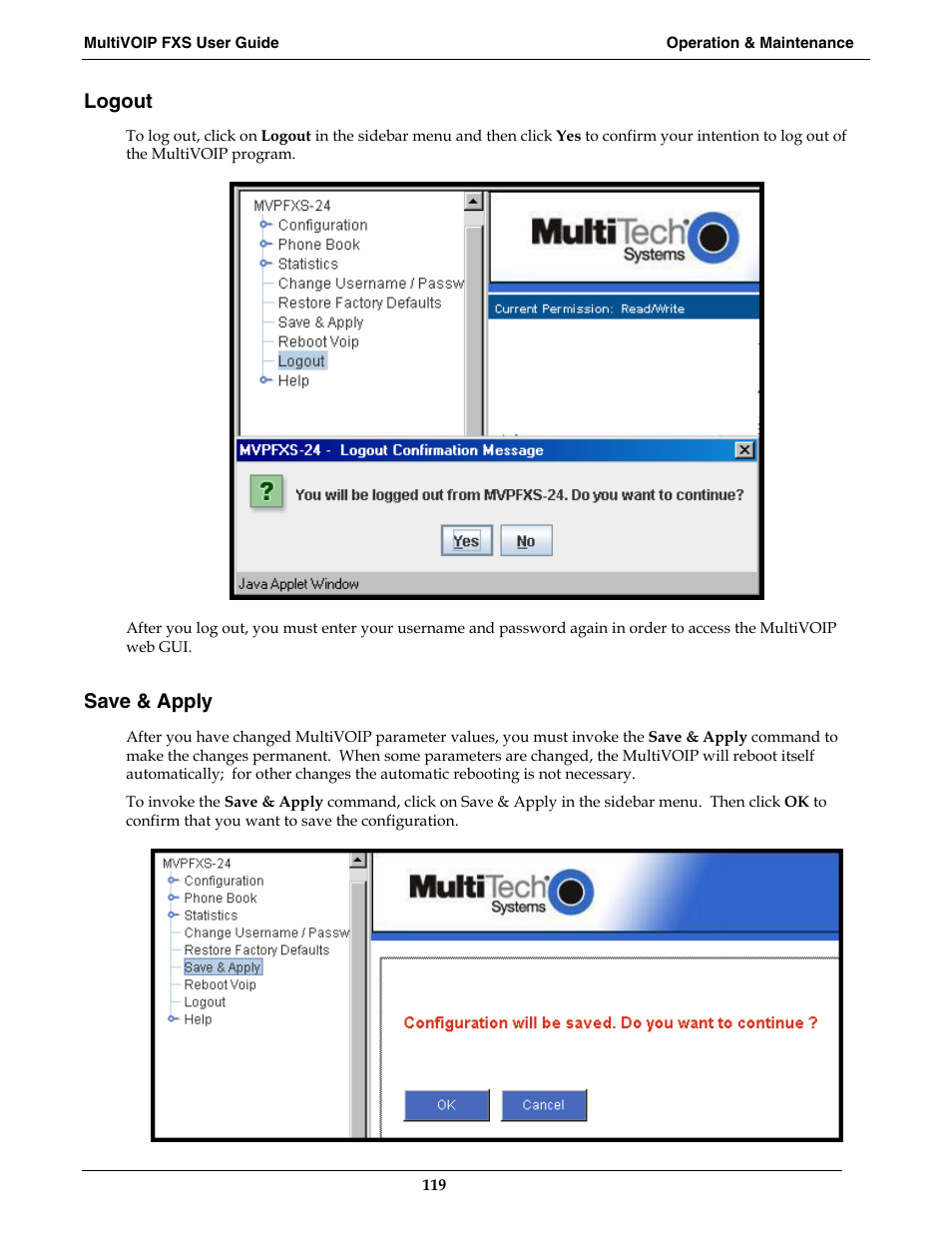 Logout, Save & apply | Multi-Tech Systems MVPFXS-16 User Manual | Page 119 / 165