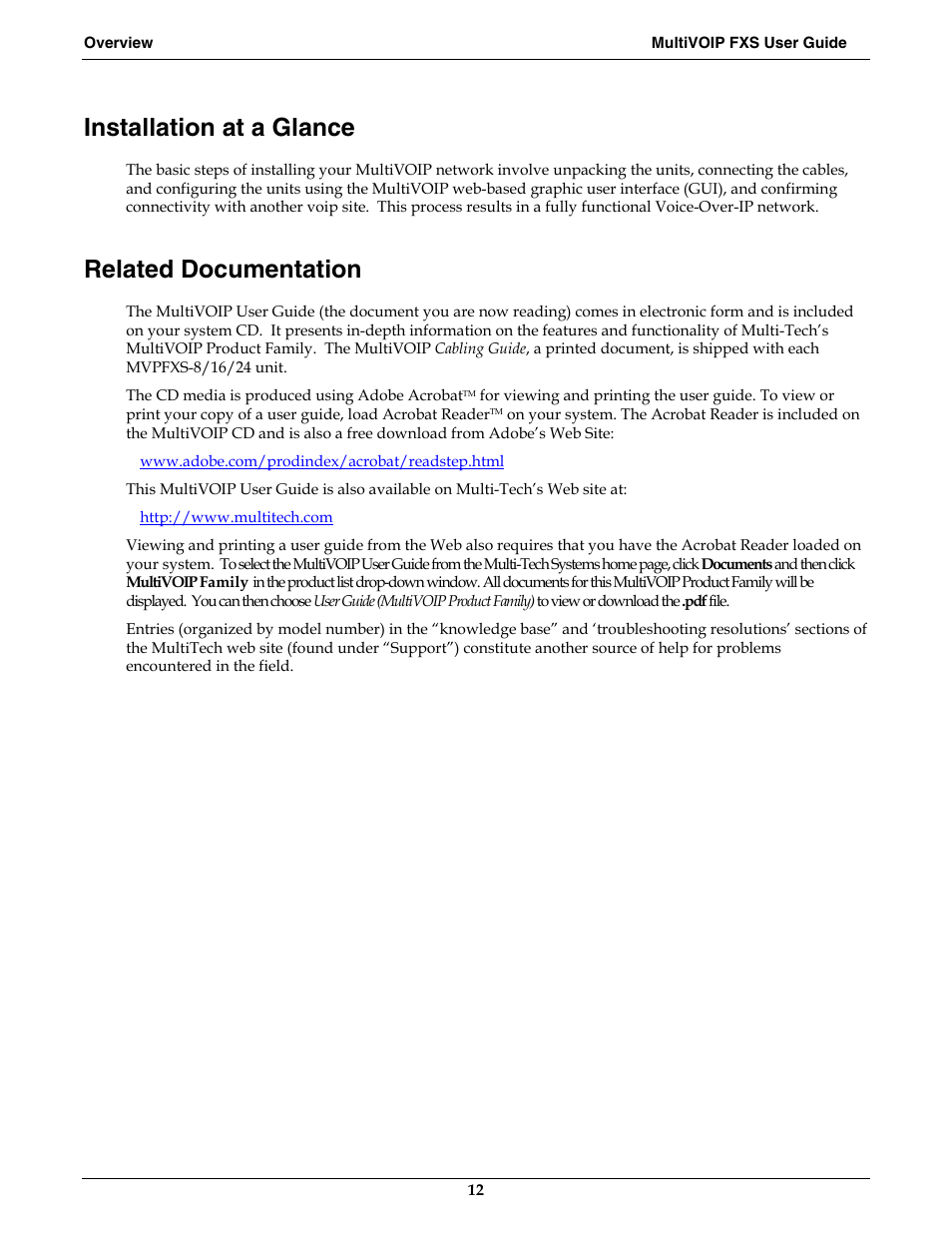Installation at a glance, Related documentation | Multi-Tech Systems MVPFXS-16 User Manual | Page 12 / 165