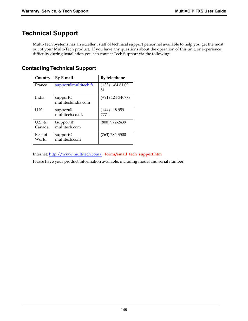 Technical support, Contacting technical support | Multi-Tech Systems MVPFXS-16 User Manual | Page 148 / 165