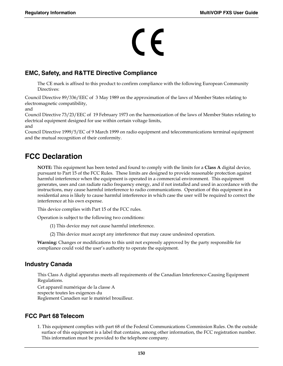Fcc declaration, Emc, safety, and r&tte directive compliance, Industry canada | Fcc part 68 telecom | Multi-Tech Systems MVPFXS-16 User Manual | Page 150 / 165
