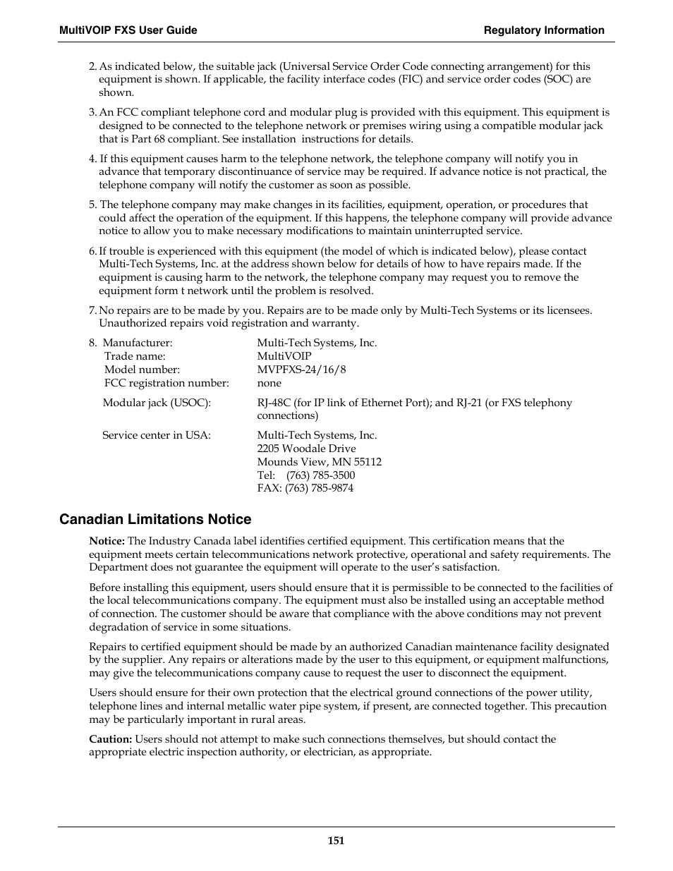 Canadian limitations notice | Multi-Tech Systems MVPFXS-16 User Manual | Page 151 / 165