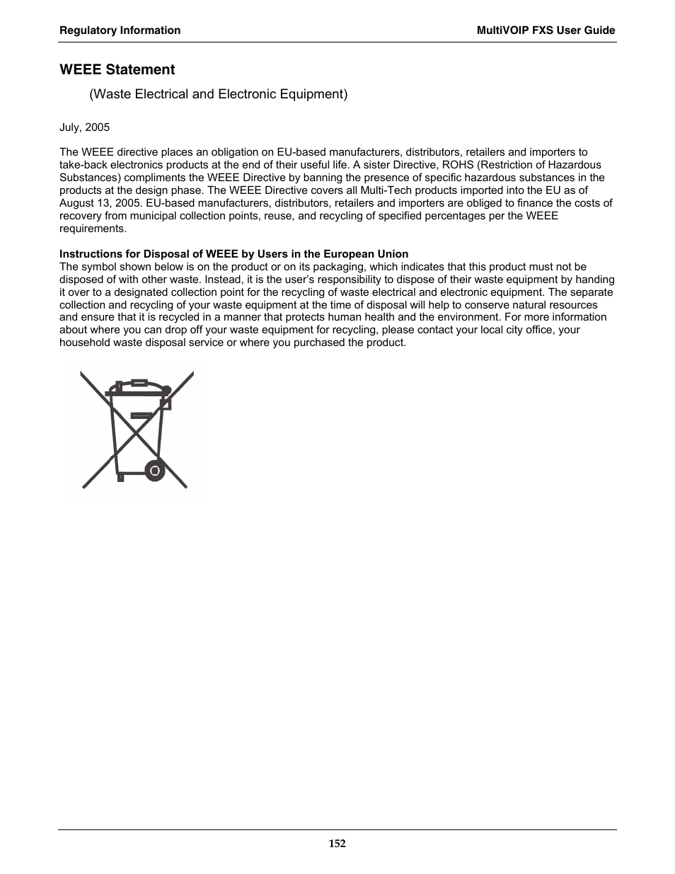 Weee statement | Multi-Tech Systems MVPFXS-16 User Manual | Page 152 / 165