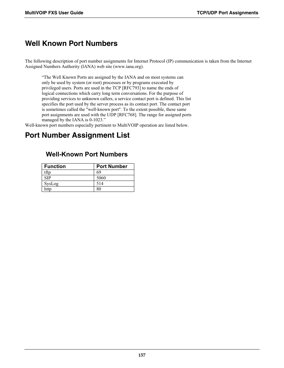 Well known port numbers, Port number assignment list, Well-known port numbers | Multi-Tech Systems MVPFXS-16 User Manual | Page 157 / 165