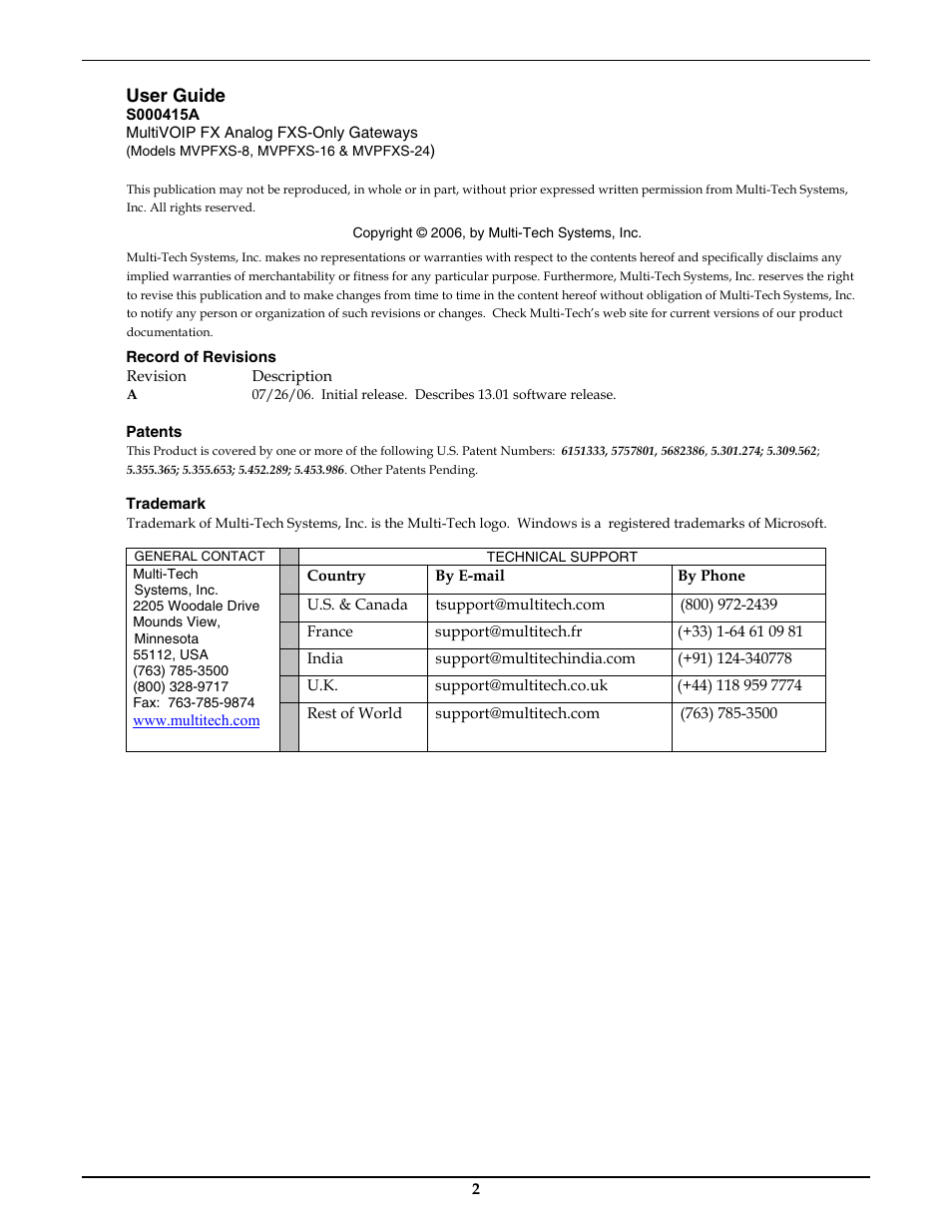 User guide | Multi-Tech Systems MVPFXS-16 User Manual | Page 2 / 165