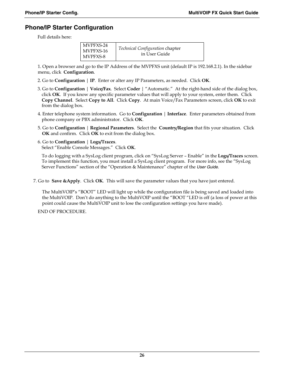 Phone/ip starter configuration | Multi-Tech Systems MVPFXS-16 User Manual | Page 26 / 165