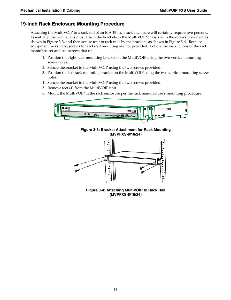Inch rack enclosure mounting procedure | Multi-Tech Systems MVPFXS-16 User Manual | Page 46 / 165