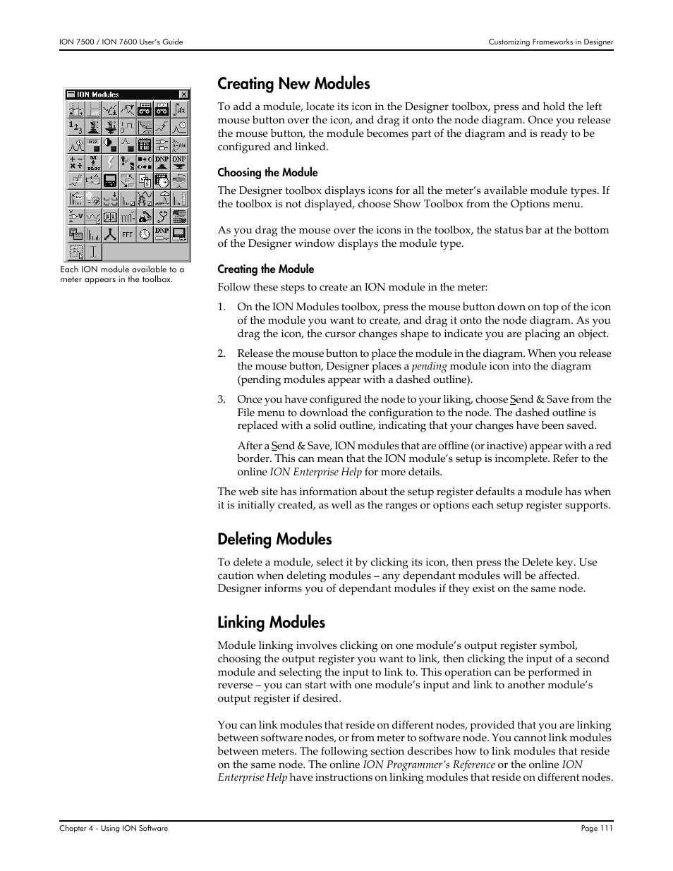 Creating new modules, Deleting modules, Linking modules | Multi-Tech Systems 7500 User Manual | Page 111 / 372