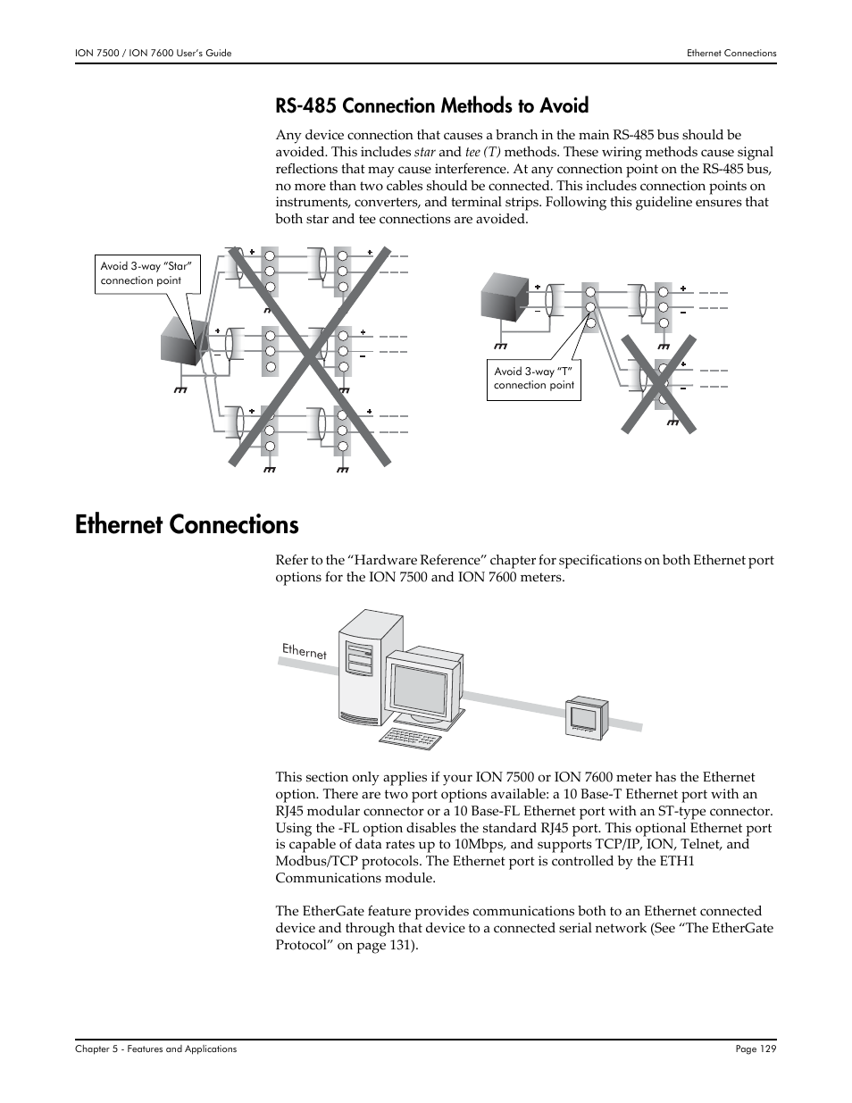 Ethernet connections, Rs-485 connection methods to avoid | Multi-Tech Systems 7500 User Manual | Page 129 / 372