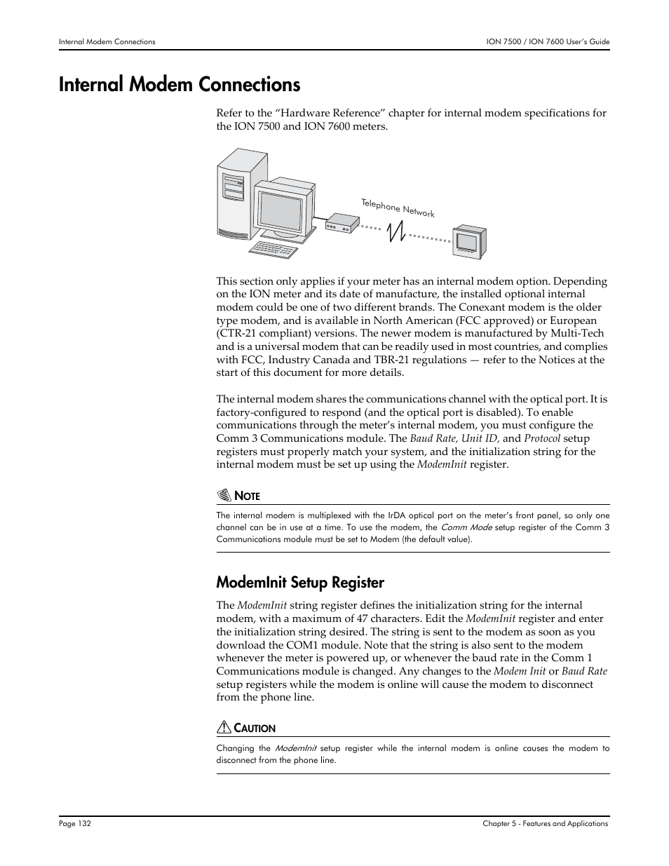Internal modem connections, Modeminit setup register | Multi-Tech Systems 7500 User Manual | Page 132 / 372