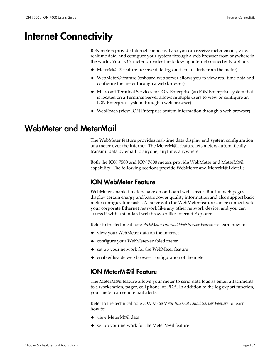 Internet connectivity, Webmeter and metermail, Ion webmeter feature | Ion meterm@il feature | Multi-Tech Systems 7500 User Manual | Page 137 / 372