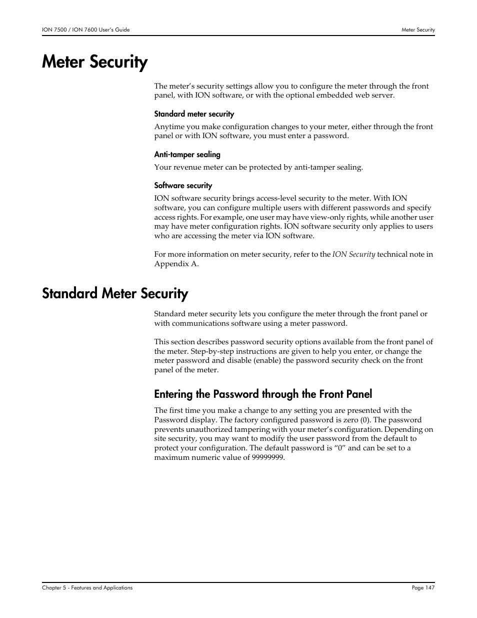 Meter security, Standard meter security, Entering the password through the front panel | Multi-Tech Systems 7500 User Manual | Page 147 / 372