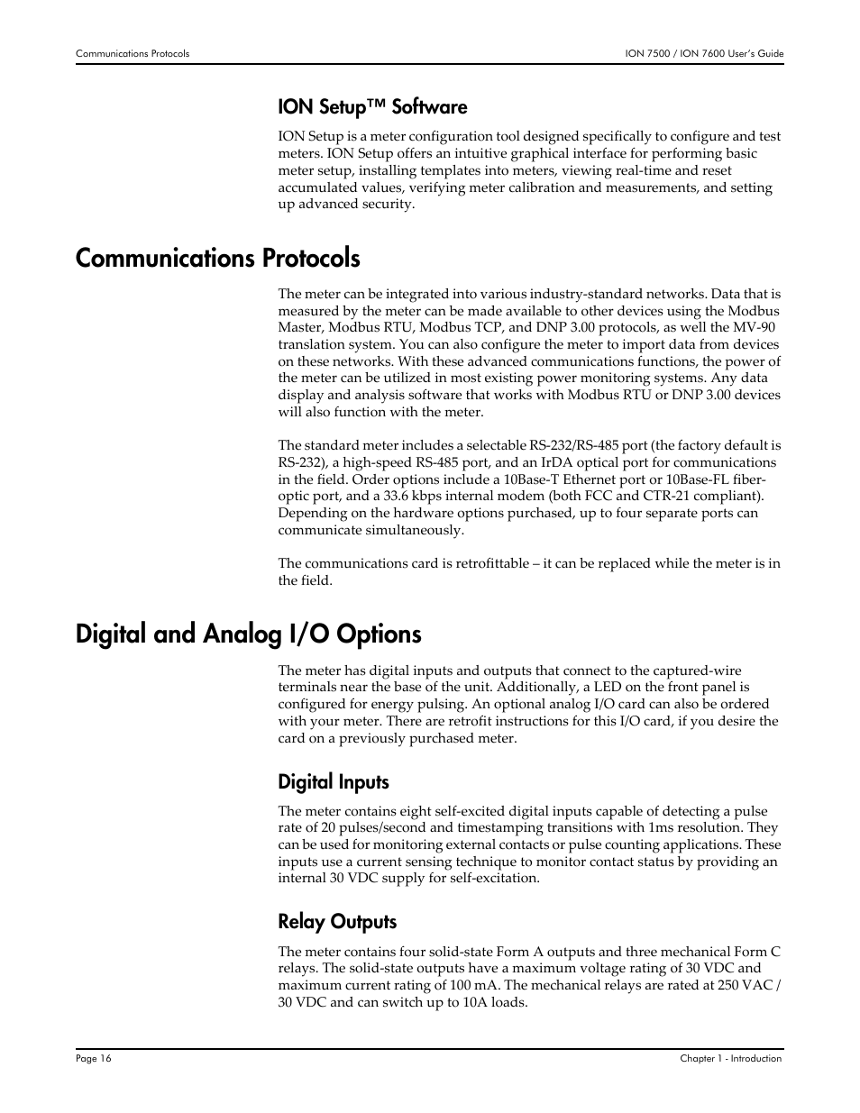 Communications protocols, Digital and analog i/o options, Ion setup™ software | Digital inputs, Relay outputs | Multi-Tech Systems 7500 User Manual | Page 16 / 372