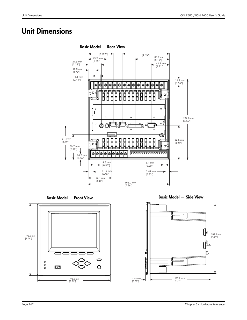 Unit dimensions, Basic model — rear view, Basic model — front view basic model — side view | Multi-Tech Systems 7500 User Manual | Page 162 / 372
