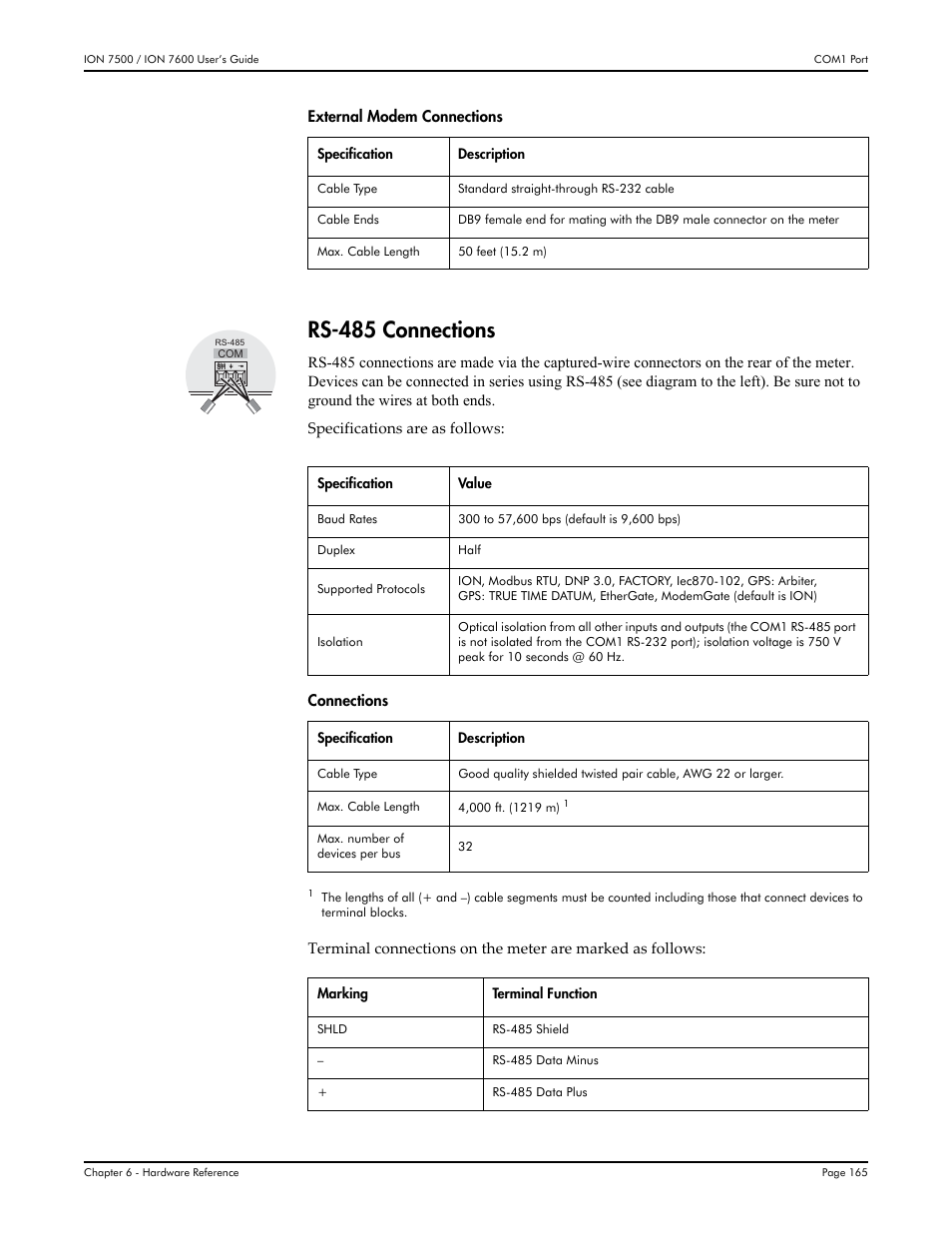 Rs-485 connections | Multi-Tech Systems 7500 User Manual | Page 165 / 372