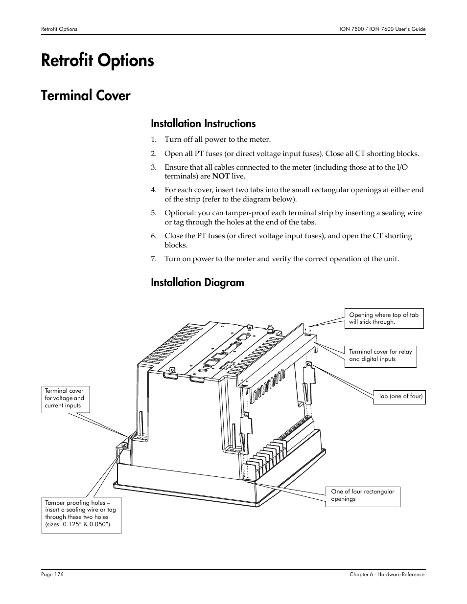 Retrofit options, Terminal cover, Installation instructions | Installation diagram | Multi-Tech Systems 7500 User Manual | Page 176 / 372