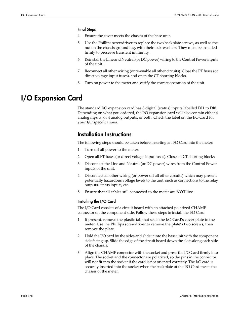 I/o expansion card, Installation instructions | Multi-Tech Systems 7500 User Manual | Page 178 / 372