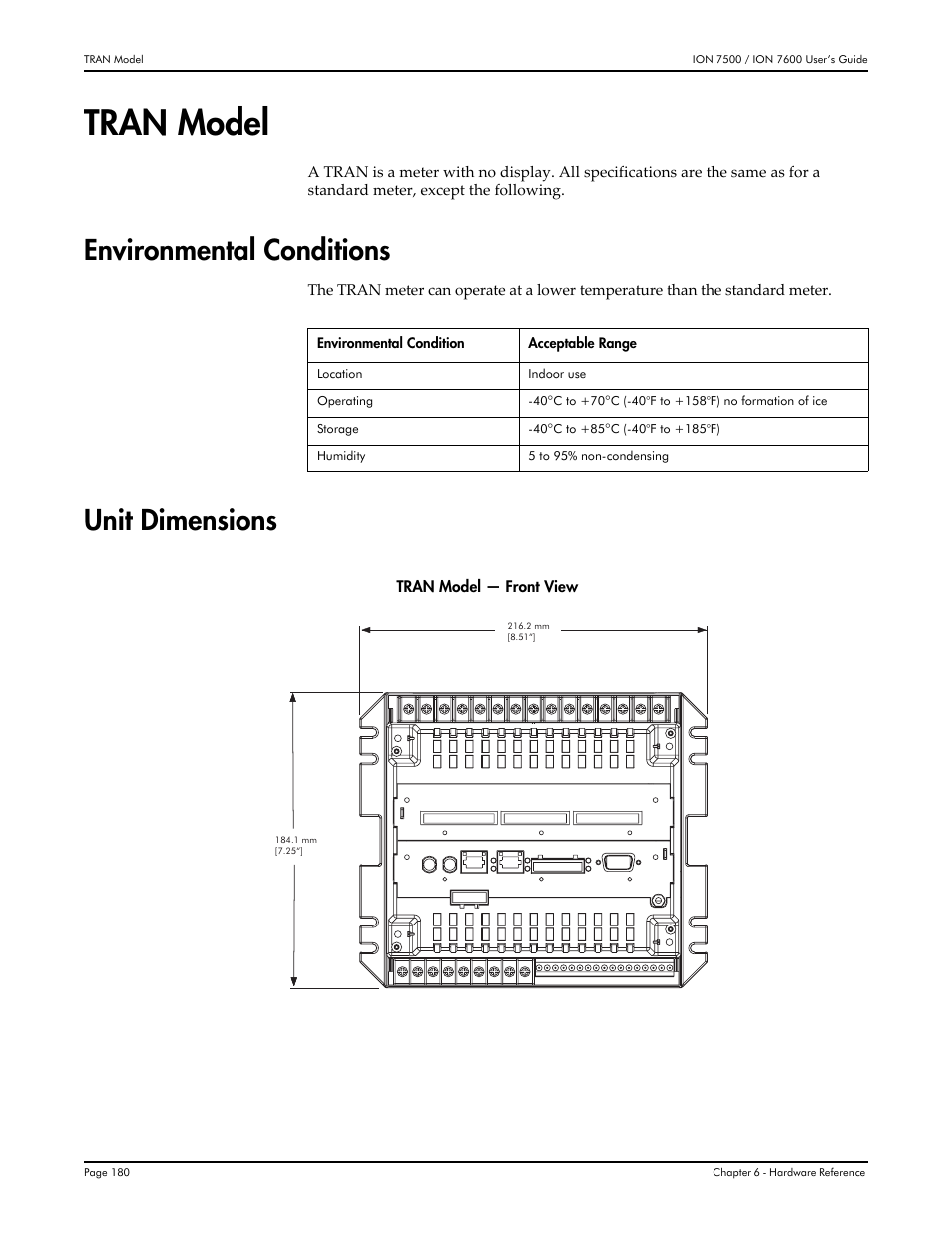 Tran model, Environmental conditions, Unit dimensions | Environmental conditions unit dimensions | Multi-Tech Systems 7500 User Manual | Page 180 / 372