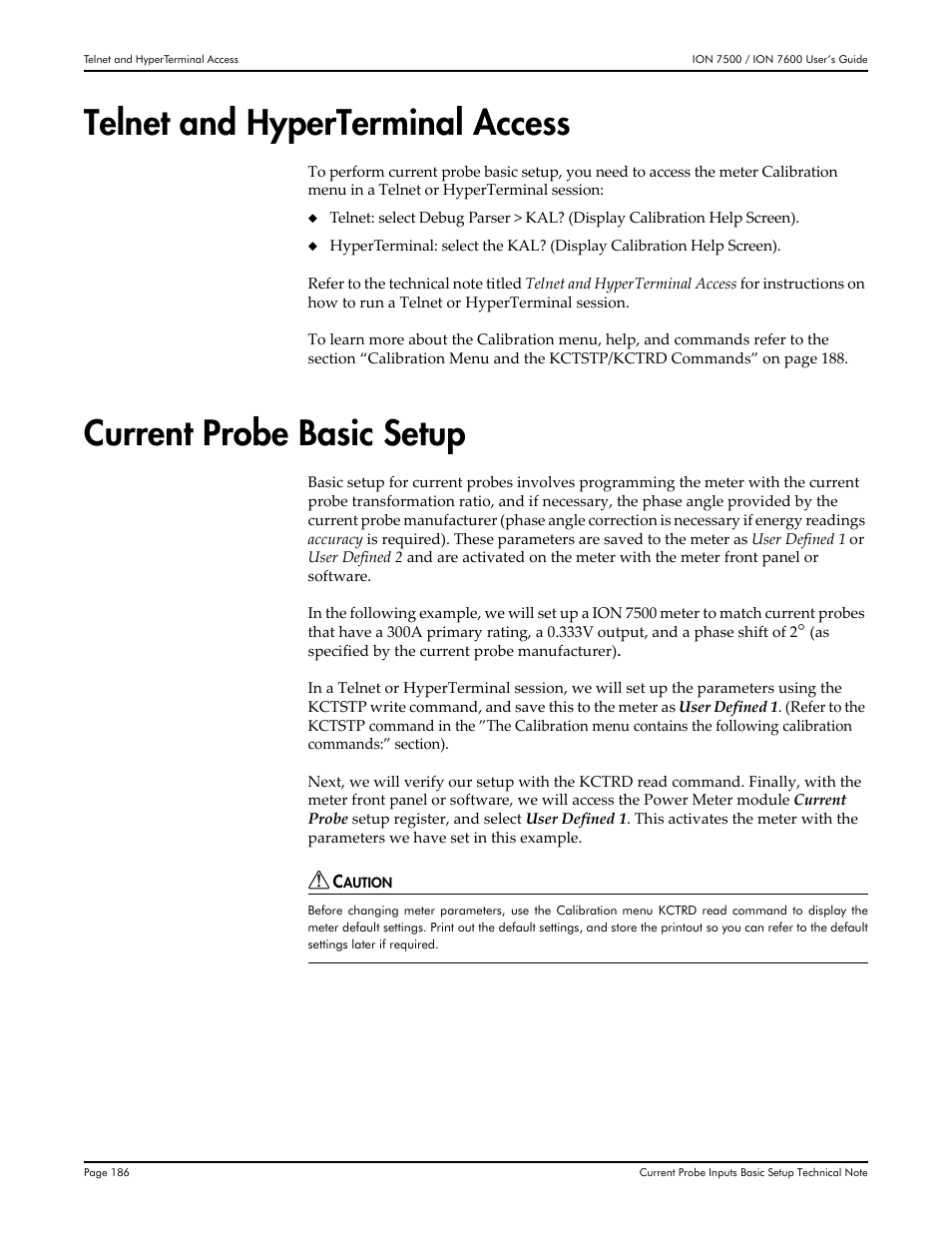 Telnet and hyperterminal access, Current probe basic setup | Multi-Tech Systems 7500 User Manual | Page 186 / 372