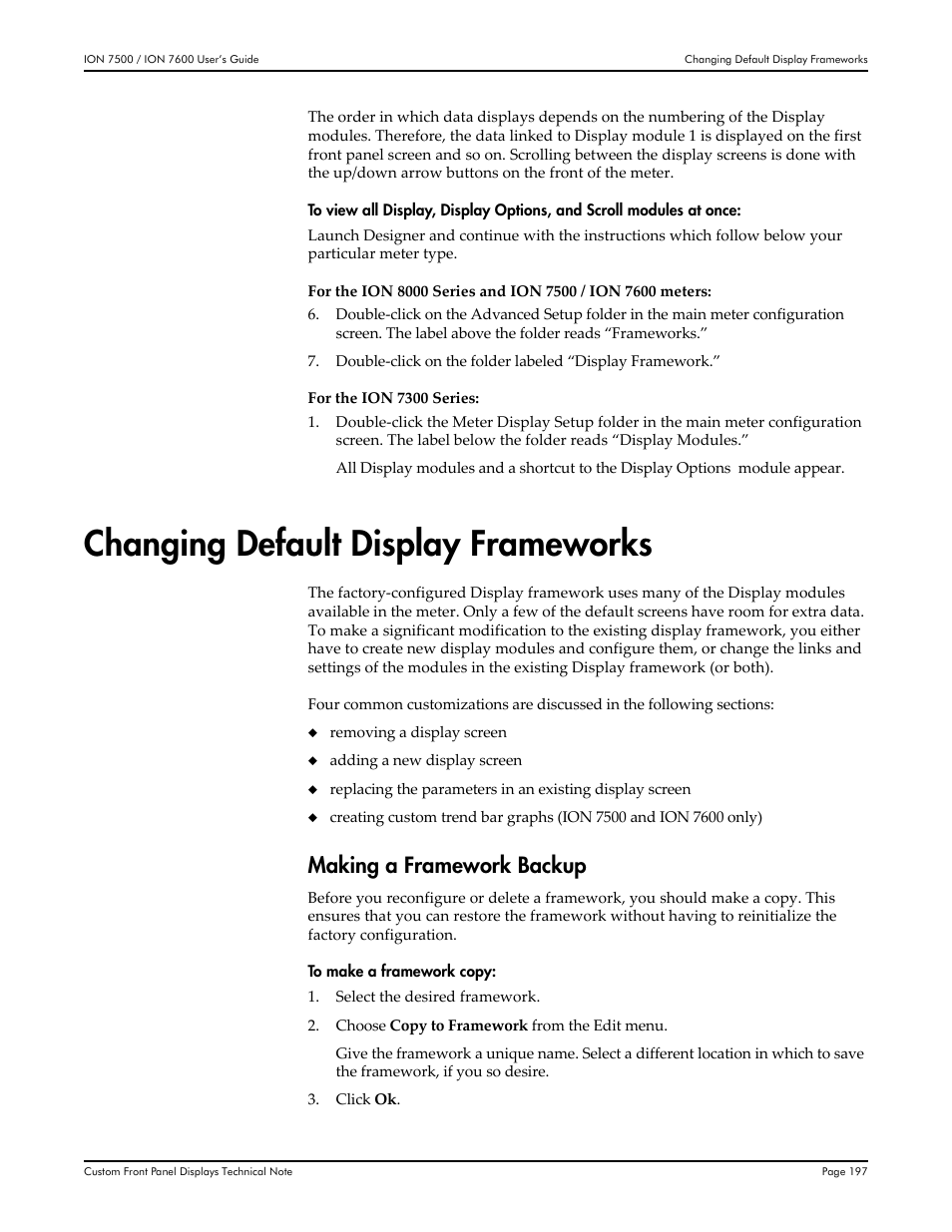 Changing default display frameworks, Making a framework backup | Multi-Tech Systems 7500 User Manual | Page 197 / 372