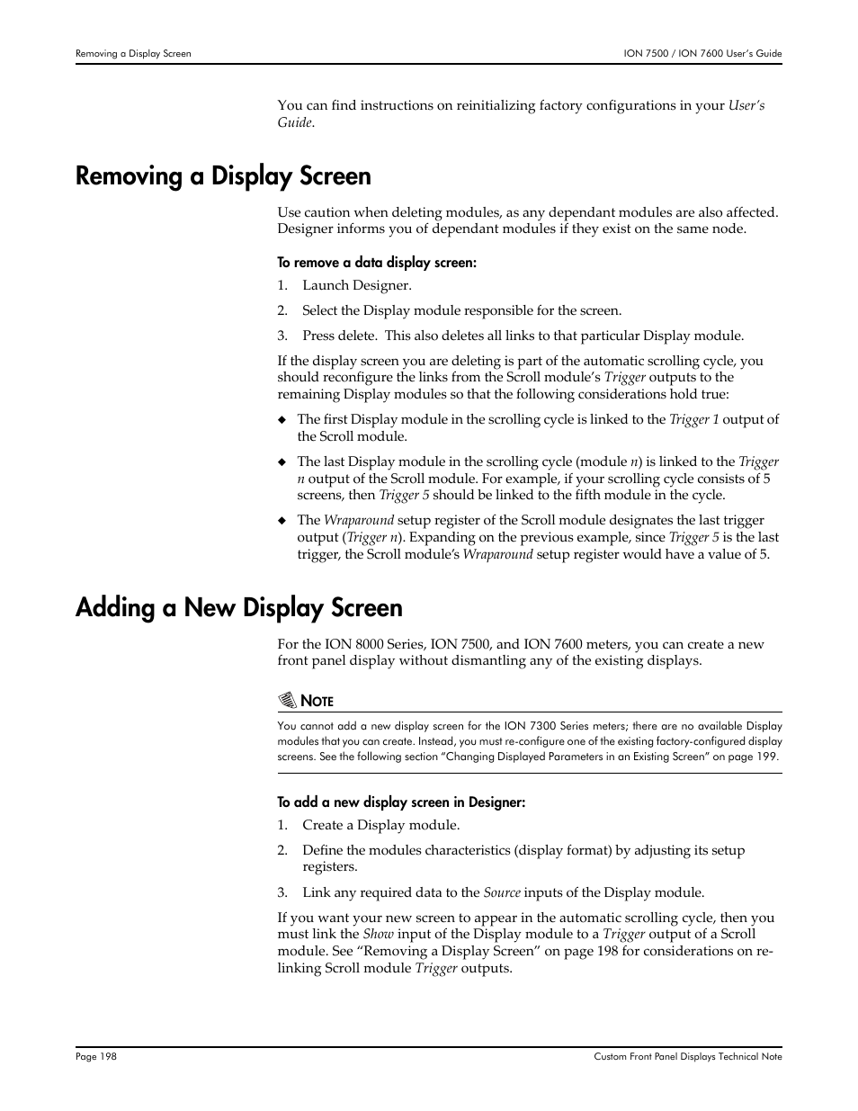 Removing a display screen, Adding a new display screen | Multi-Tech Systems 7500 User Manual | Page 198 / 372