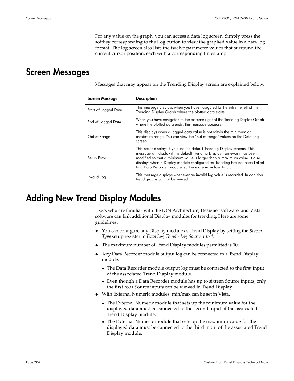 Screen messages, Adding new trend display modules, Screen messages adding new trend display modules | Multi-Tech Systems 7500 User Manual | Page 204 / 372