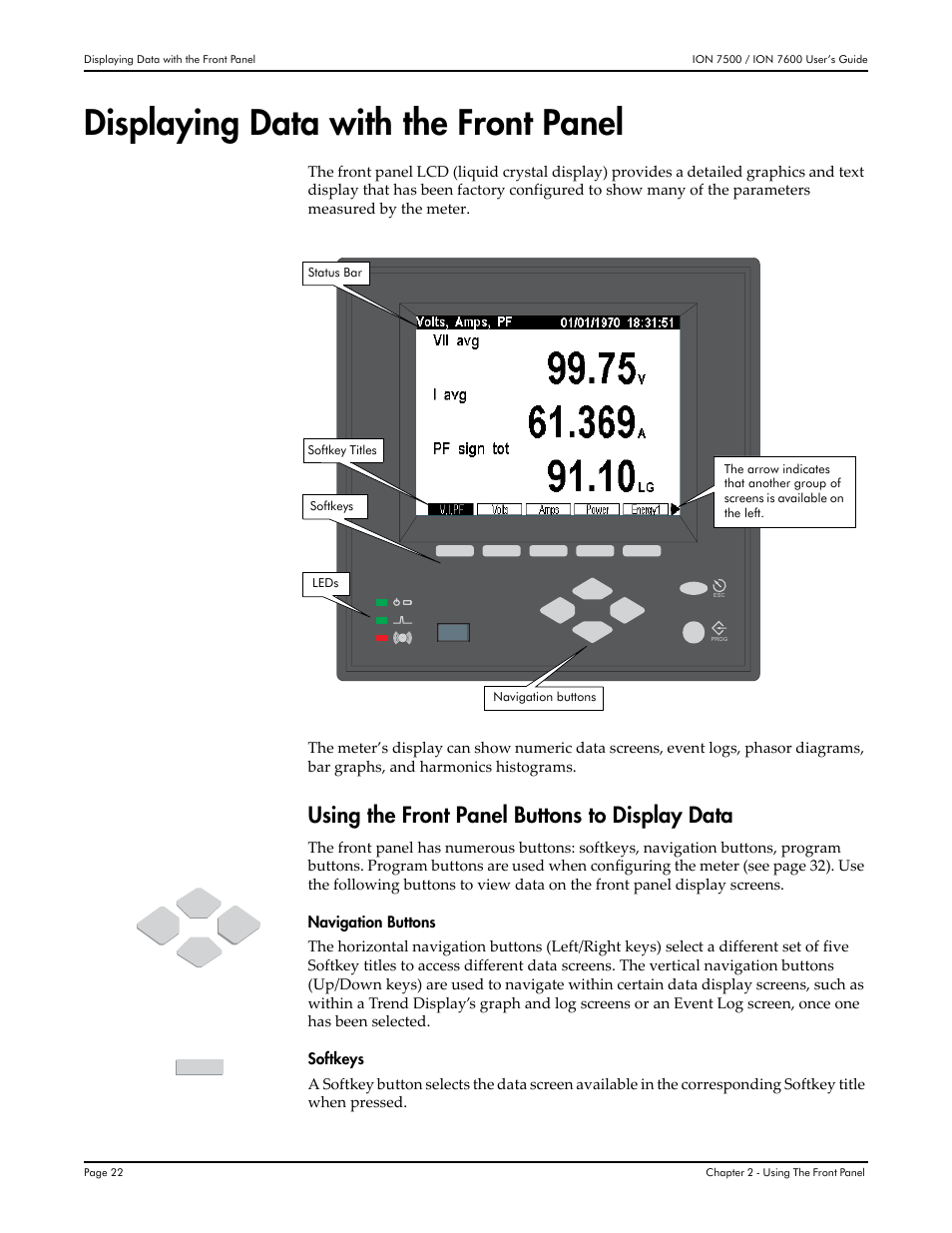 Displaying data with the front panel, Using the front panel buttons to display data | Multi-Tech Systems 7500 User Manual | Page 22 / 372
