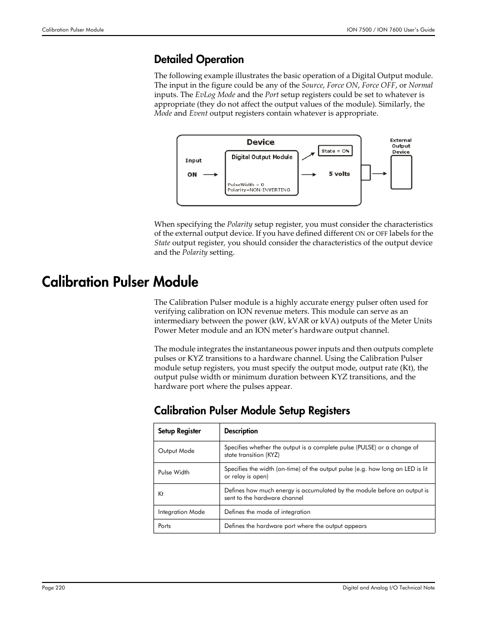 Calibration pulser module, Detailed operation, Calibration pulser module setup registers | Multi-Tech Systems 7500 User Manual | Page 220 / 372