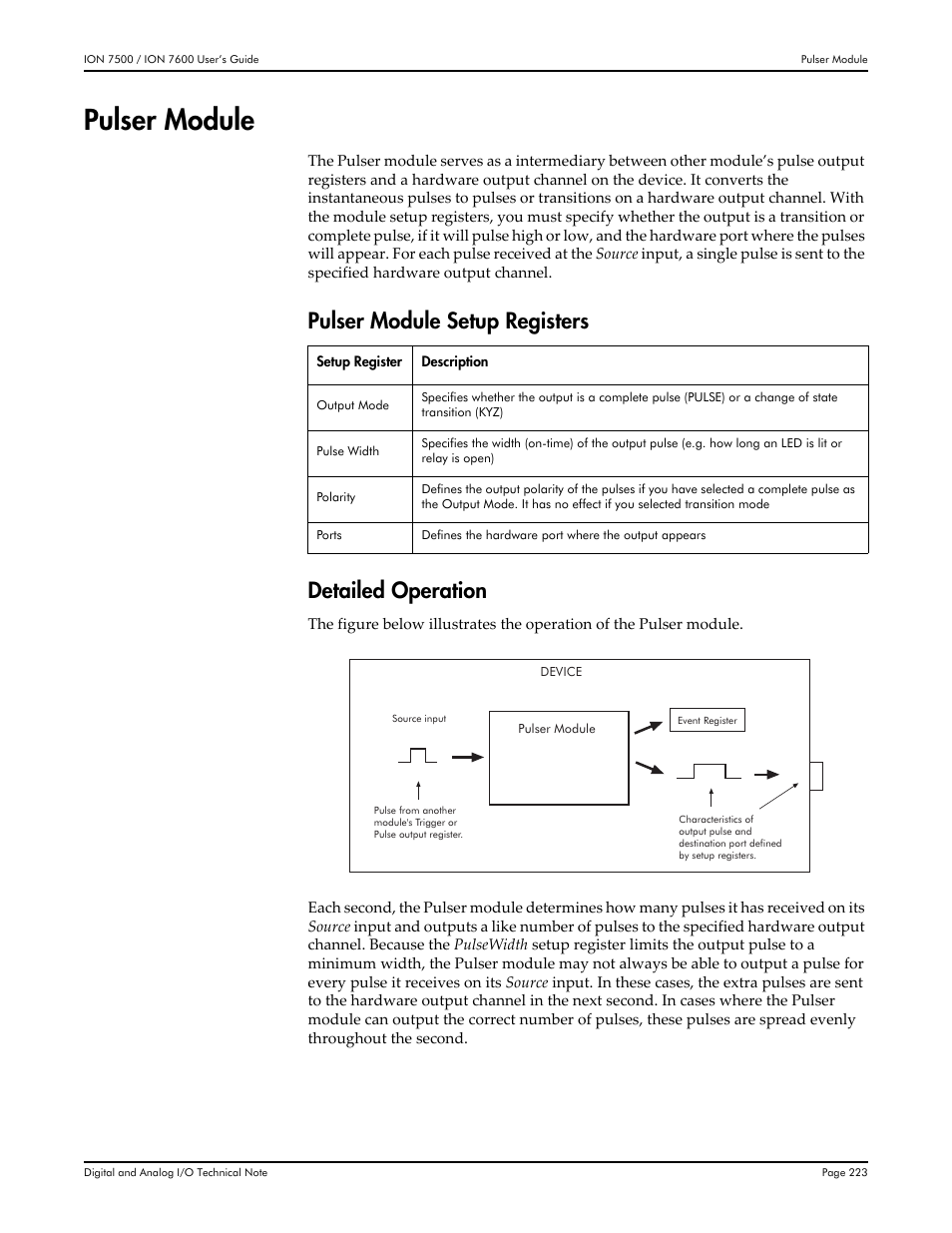 Pulser module, Pulser module setup registers detailed operation | Multi-Tech Systems 7500 User Manual | Page 223 / 372