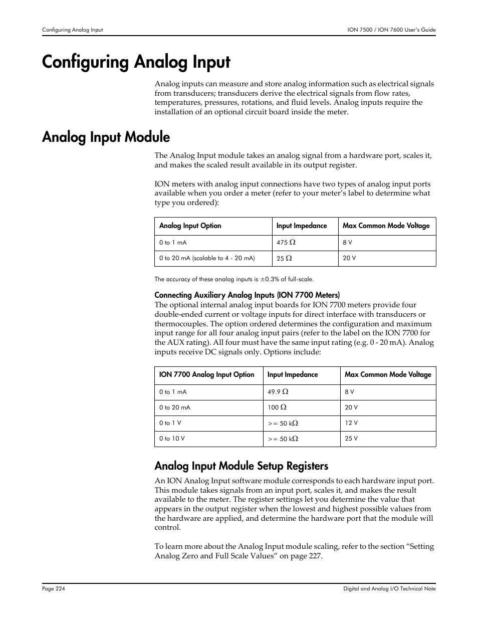Configuring analog input, Analog input module, Analog input module setup registers | Multi-Tech Systems 7500 User Manual | Page 224 / 372