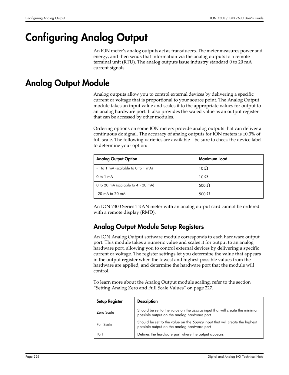 Configuring analog output, Analog output module, Analog output module setup registers | Multi-Tech Systems 7500 User Manual | Page 226 / 372