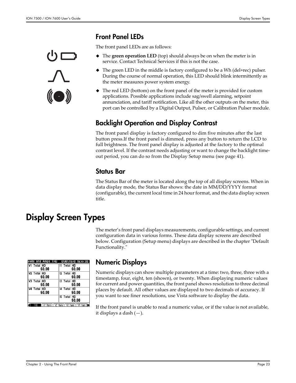 Display screen types, Front panel leds, Backlight operation and display contrast | Status bar, Numeric displays | Multi-Tech Systems 7500 User Manual | Page 23 / 372