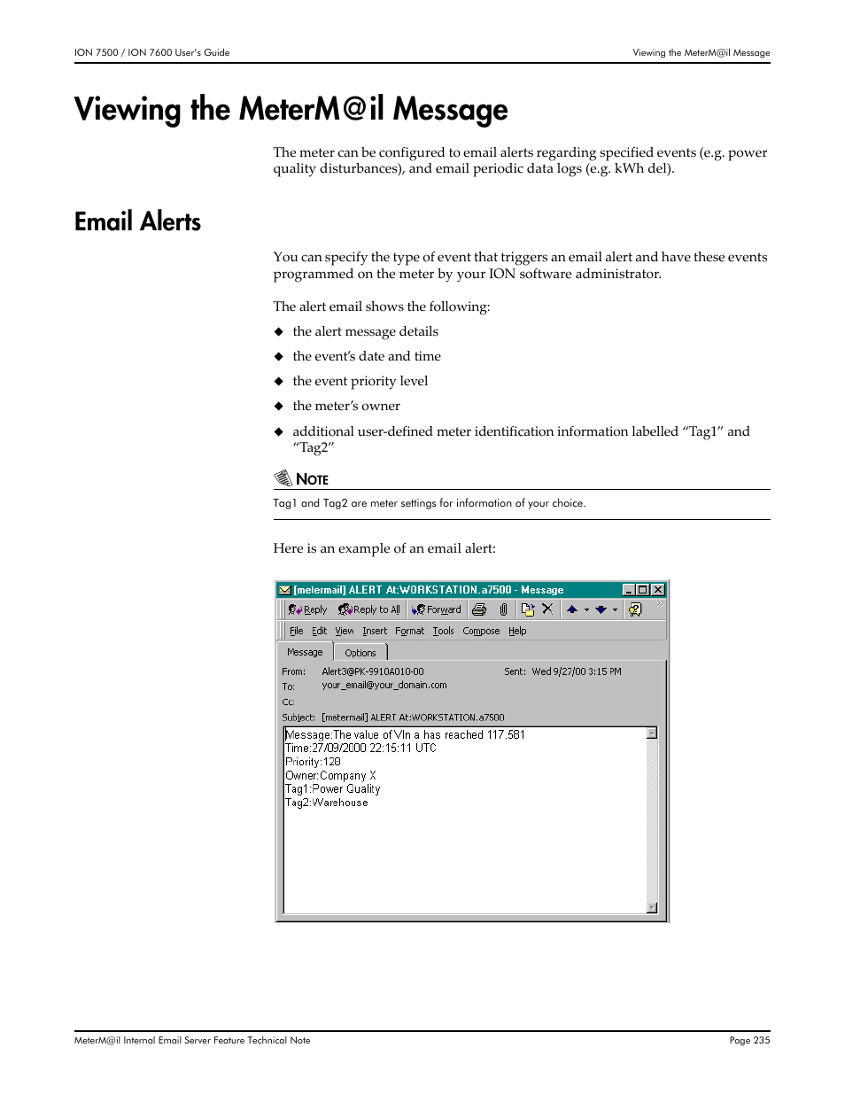 Viewing the meterm@il message, Email alerts | Multi-Tech Systems 7500 User Manual | Page 235 / 372