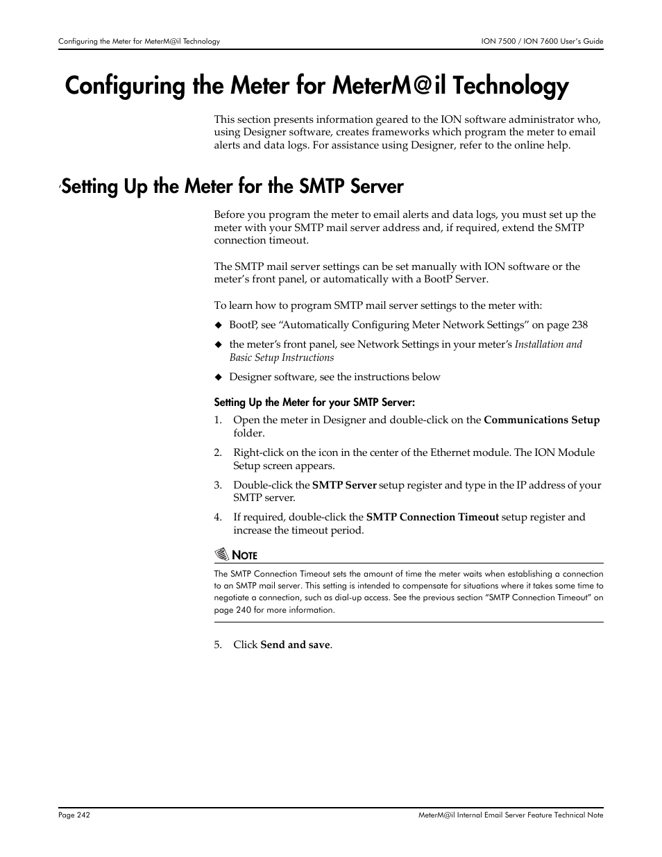Configuring the meter for meterm@il technology, Setting up the meter for the smtp server | Multi-Tech Systems 7500 User Manual | Page 242 / 372