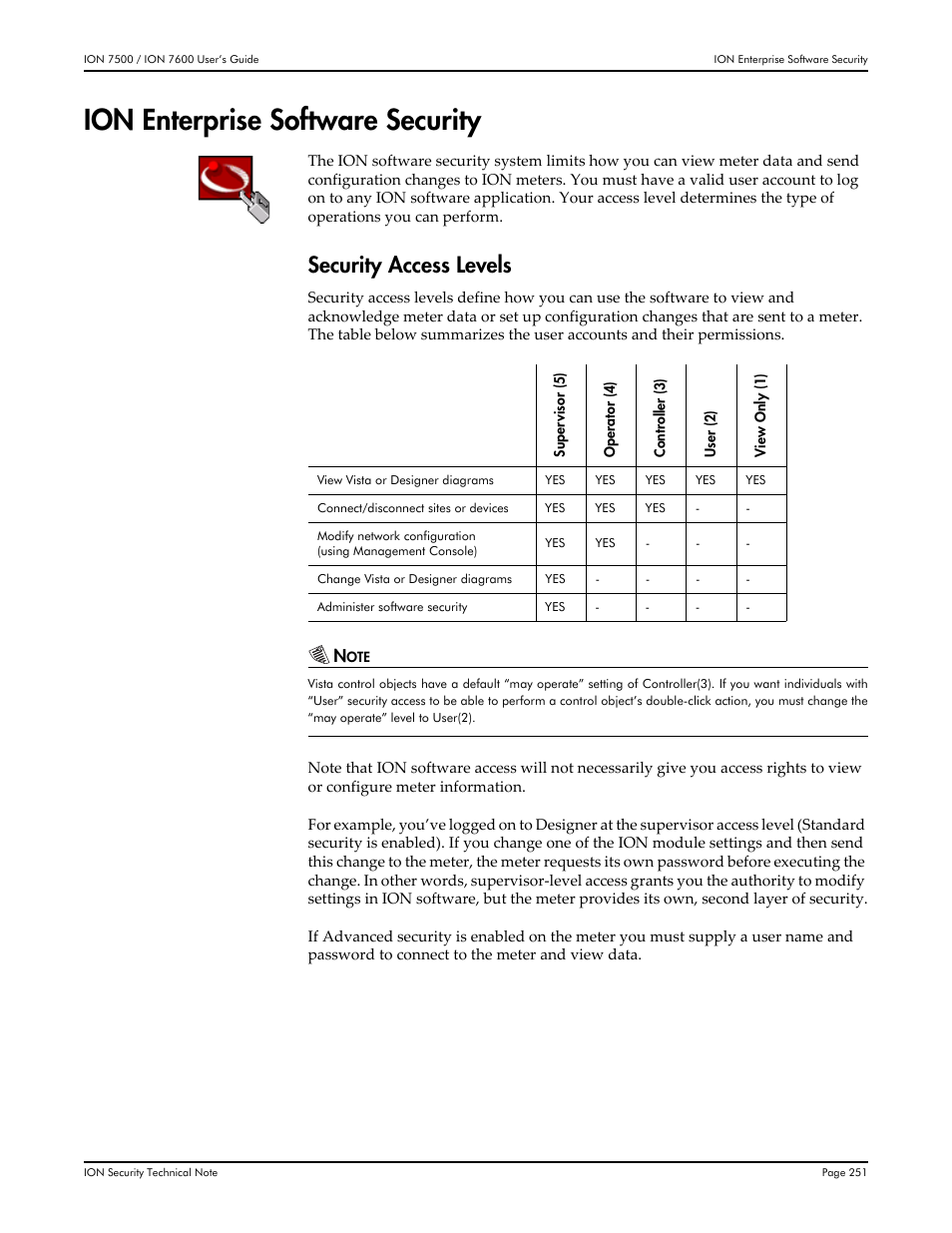 Ion enterprise software security, Security access levels | Multi-Tech Systems 7500 User Manual | Page 251 / 372
