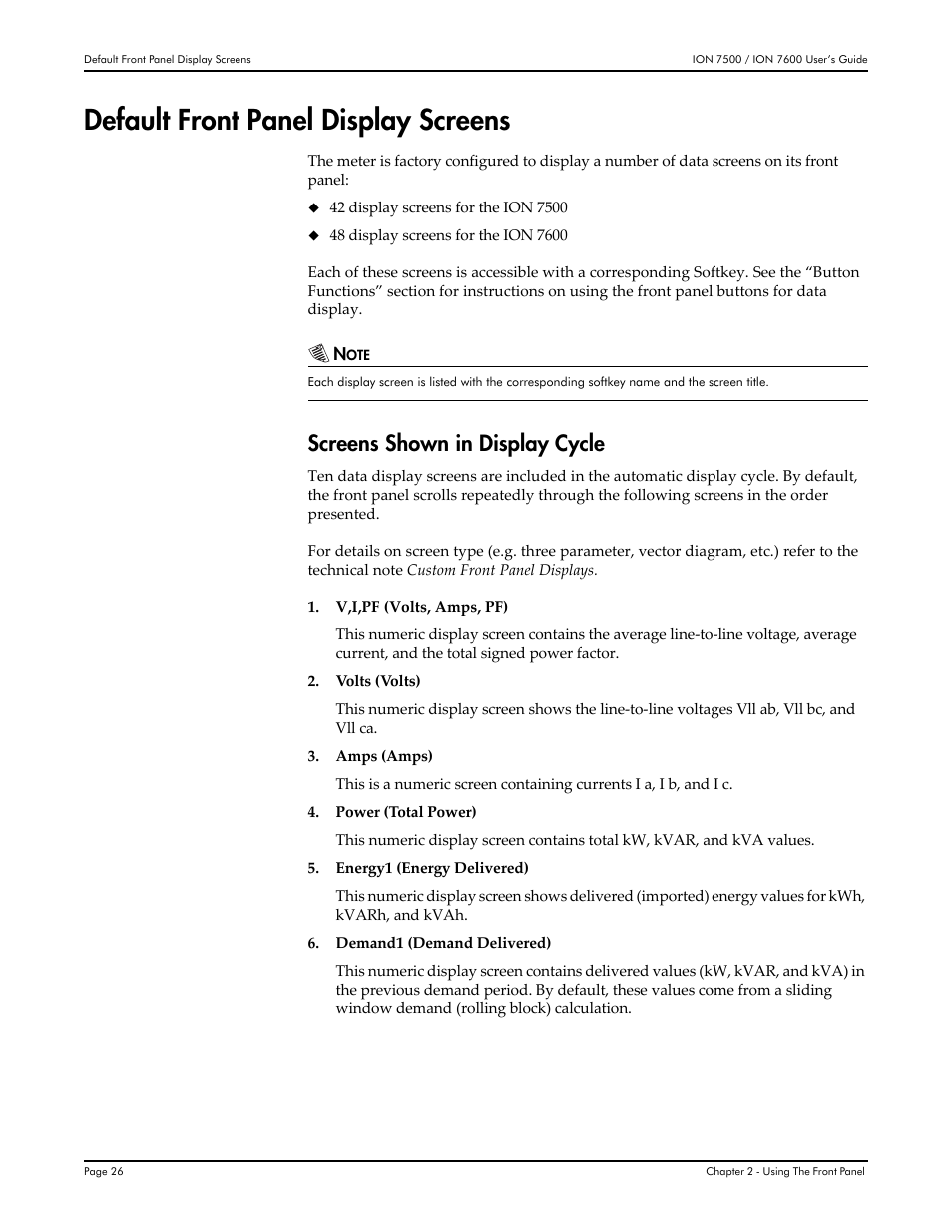 Default front panel display screens, Screens shown in display cycle | Multi-Tech Systems 7500 User Manual | Page 26 / 372