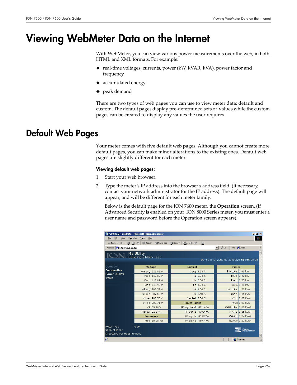 Viewing webmeter data on the internet, Default web pages | Multi-Tech Systems 7500 User Manual | Page 267 / 372