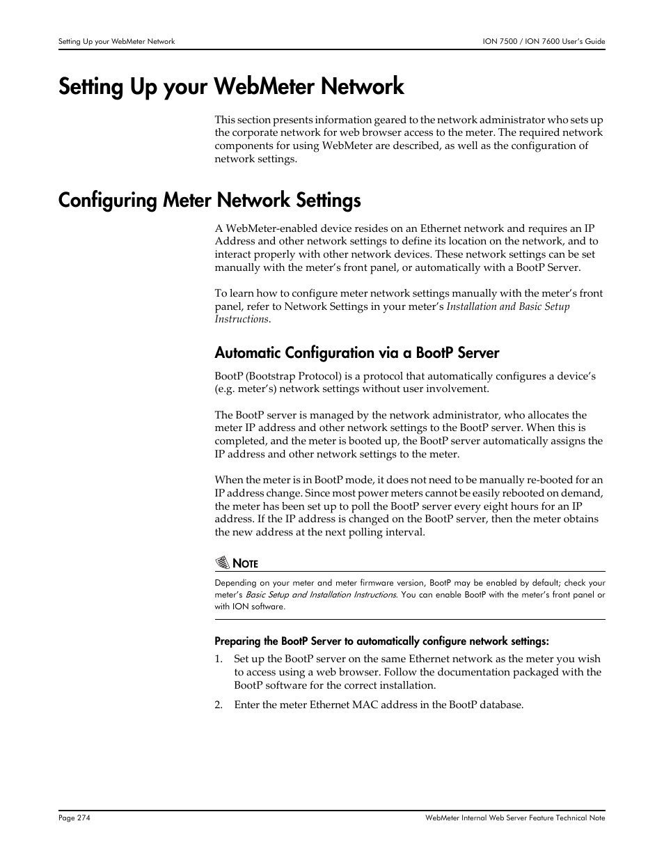 Setting up your webmeter network, Configuring meter network settings, Automatic configuration via a bootp server | Multi-Tech Systems 7500 User Manual | Page 274 / 372