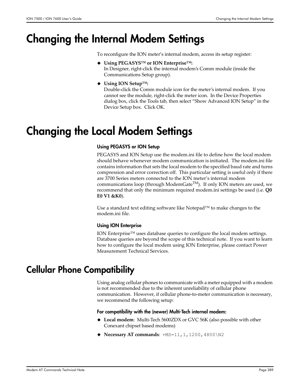 Changing the internal modem settings, Changing the local modem settings, Cellular phone compatibility | Multi-Tech Systems 7500 User Manual | Page 289 / 372